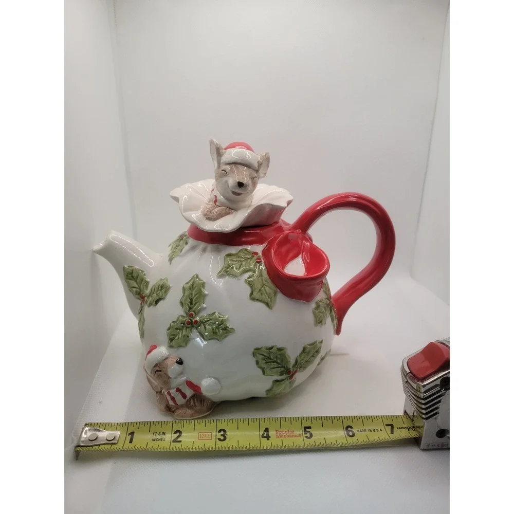 Vtg Omnibus Christmas Mice Holly Berry Ceramic Teapot Holiday Decor